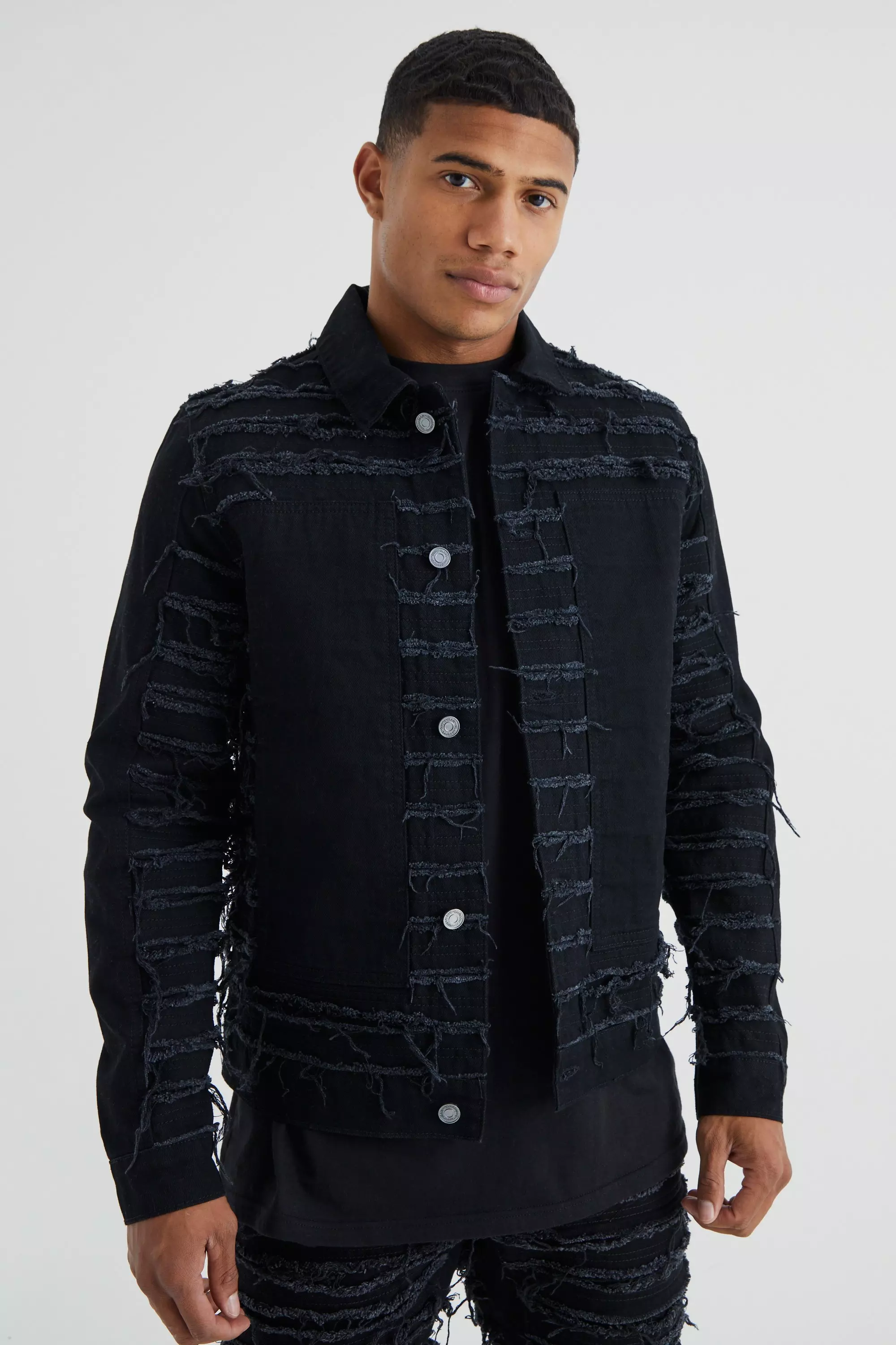 Mens distressed shop denim jacket black